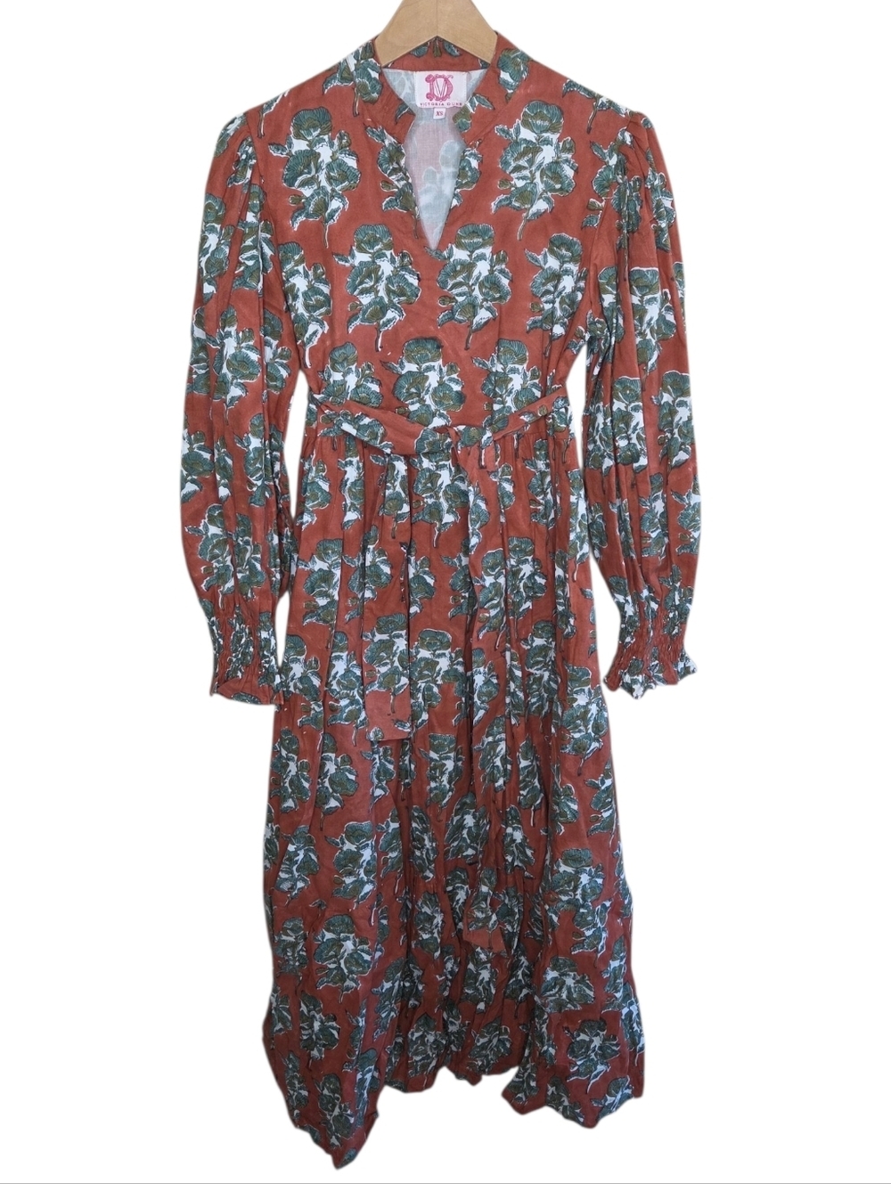Victoria Dunn Rust Brown & Green Print Long Sleeve Midi Dress Size XS Southern